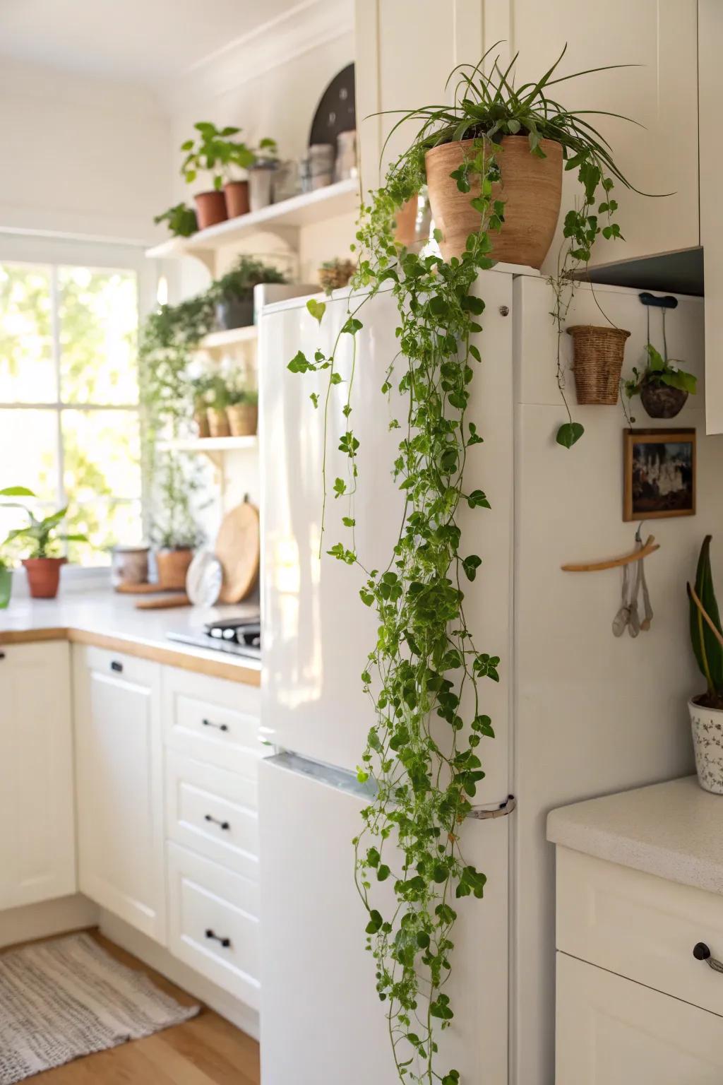 Greenery above the fridge provides a refreshing touch.
