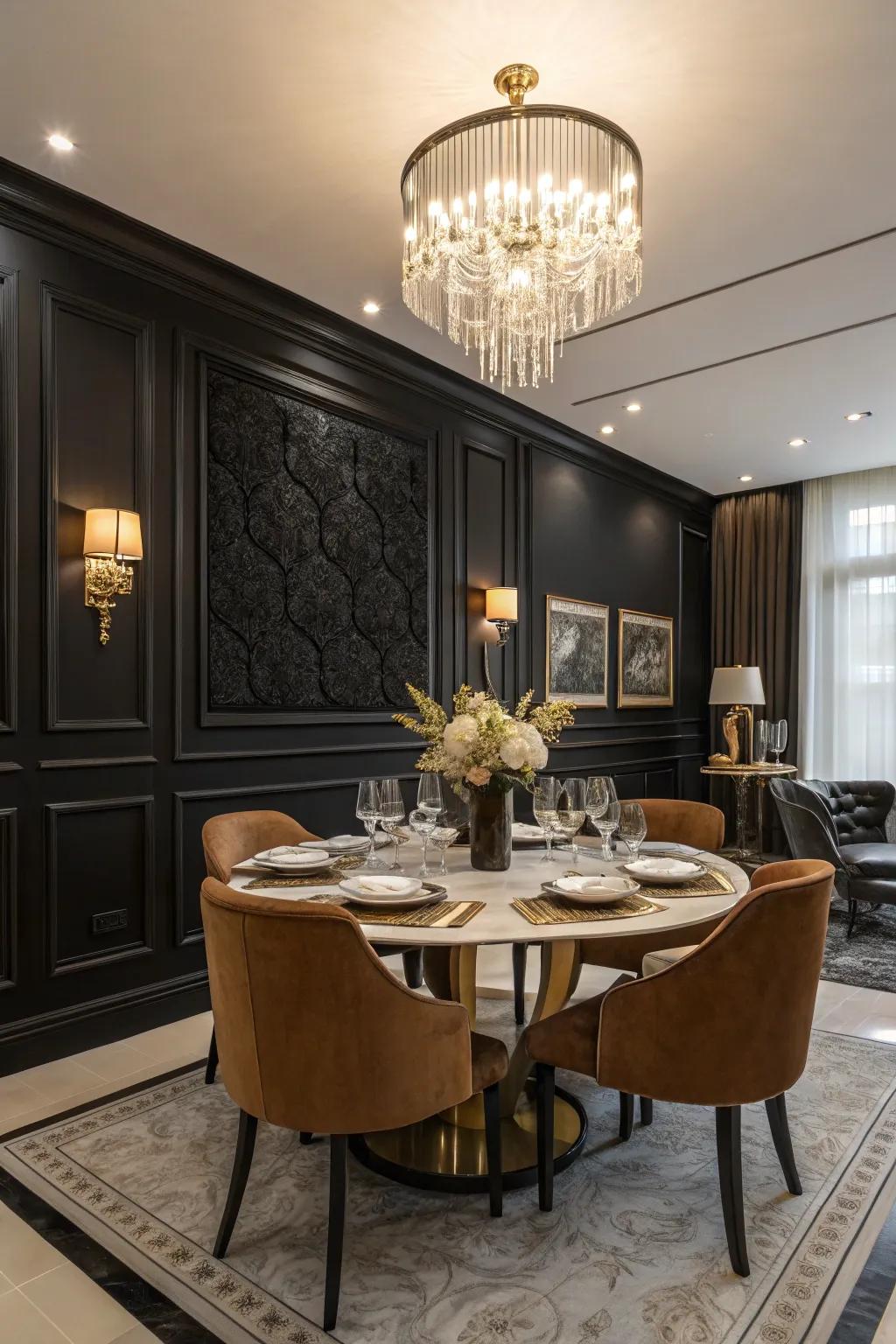 Black feature walls impart a bold and sophisticated statement.