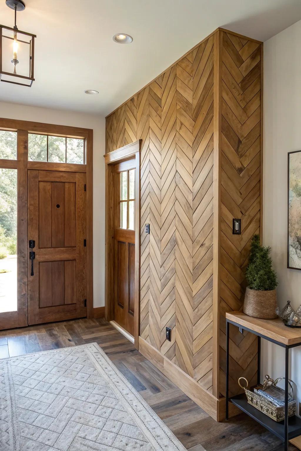 An entryway featuring a herringbone timber enhancement.