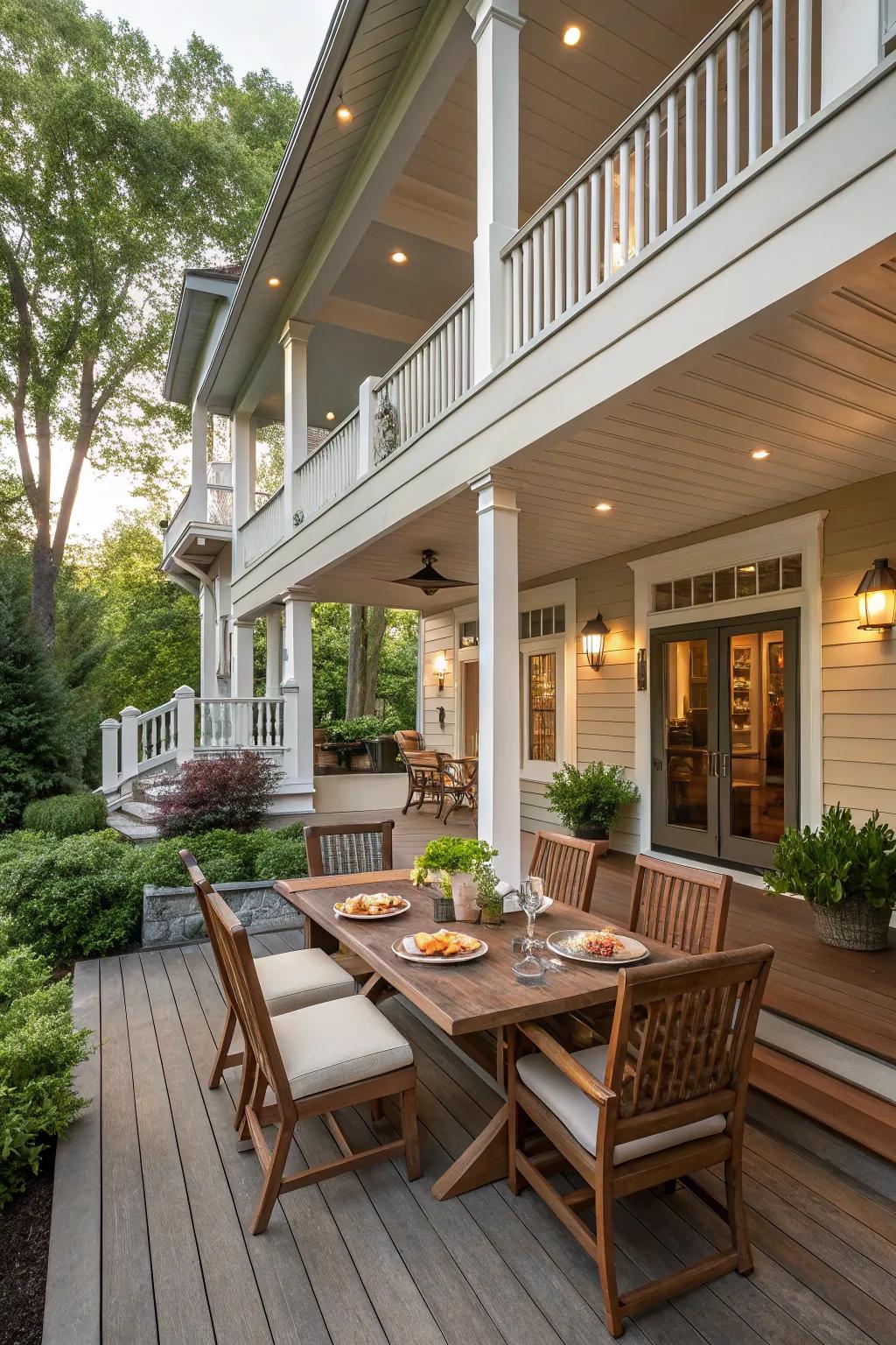 A dynamic multi-level porch offering diverse functional spaces.