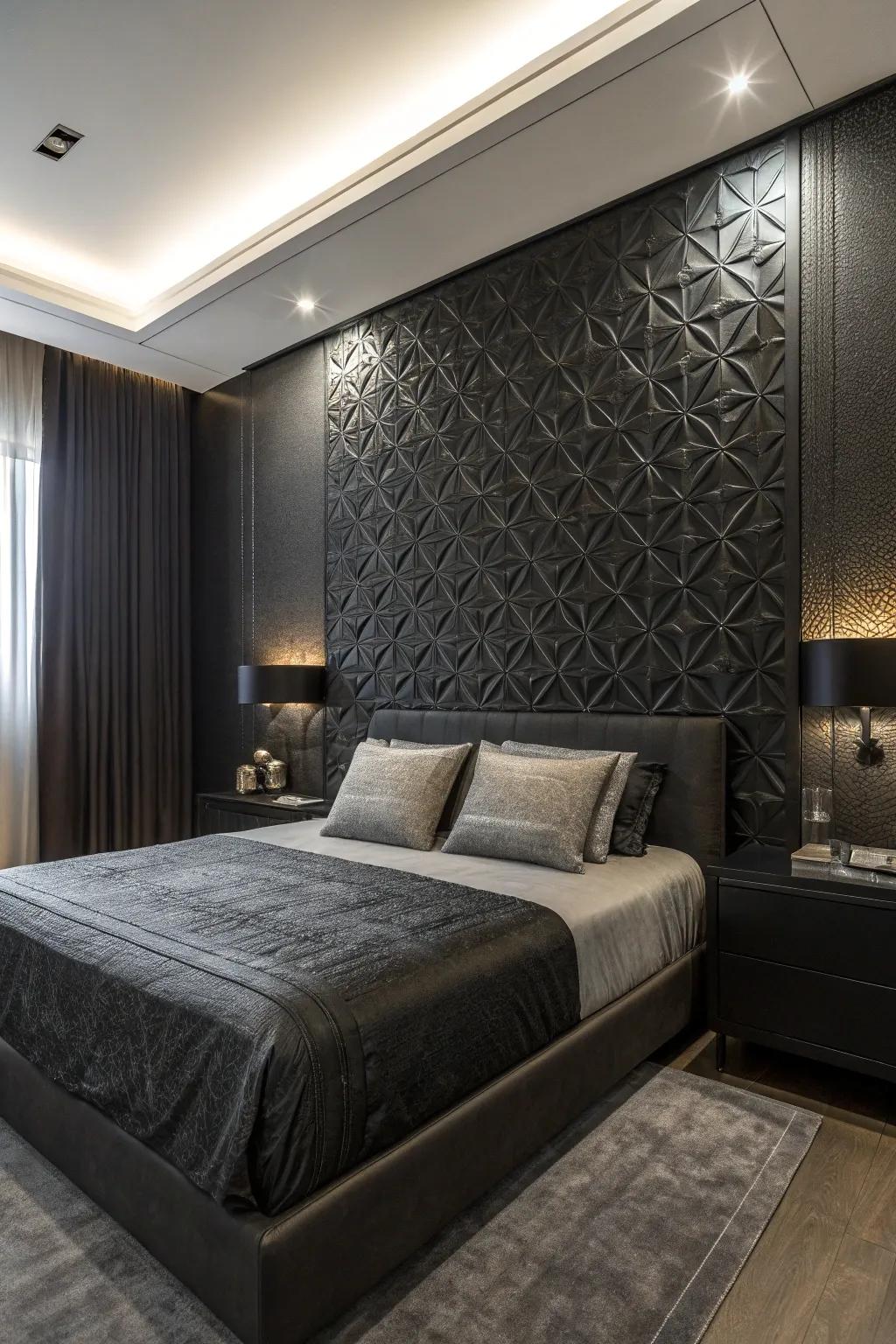 A black bedroom featuring a textured feature wall for visual interest.