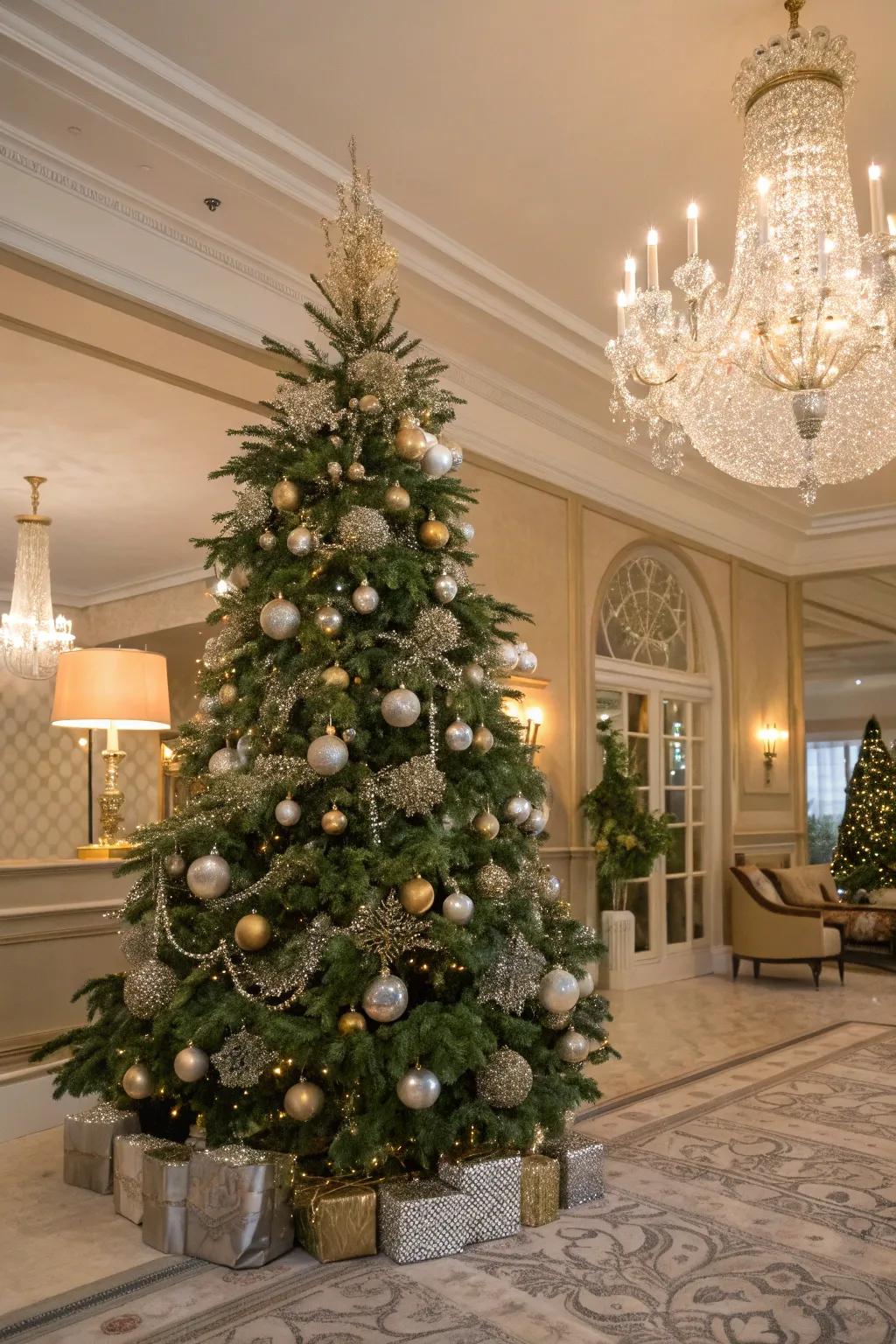 A luxurious Christmas tree featuring metallic shades for added sophistication.