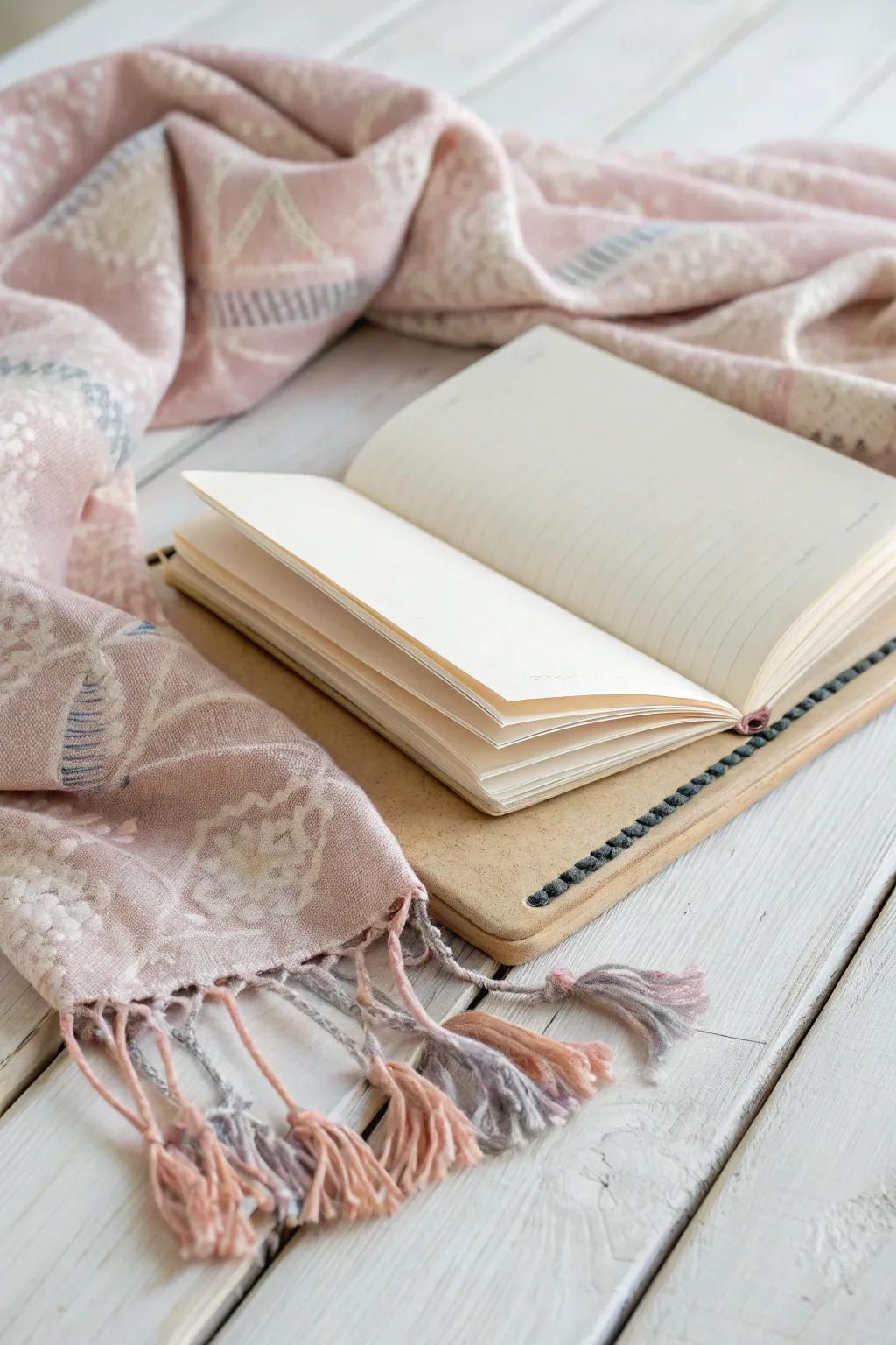 Transform your notebook into a comforting masterpiece distinguished by textile panache, thereby embracing unpretentiousness and refinement imbued with a soupçon of bohemian allure.