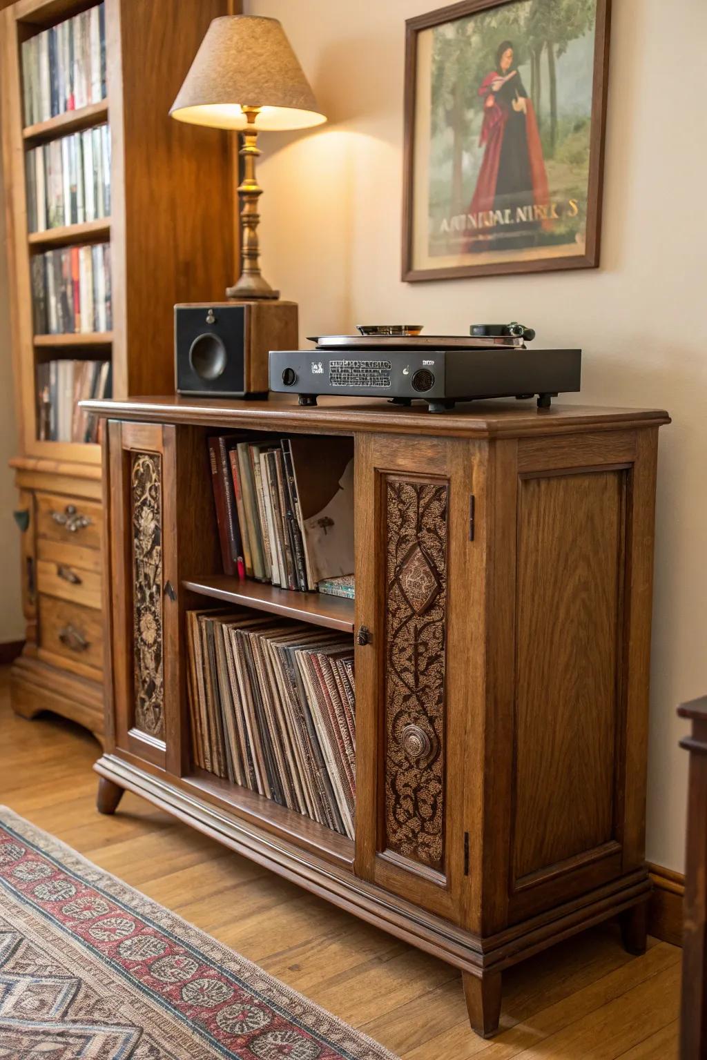 A vintage sideboard repurposed for unique vinyl record storage.