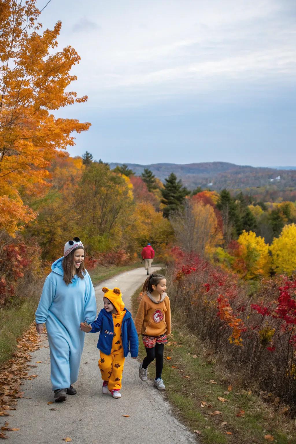 A family taking pleasure in a Halloween-inspired nature ramble.