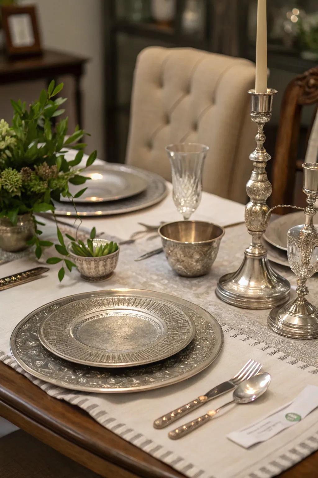 Pewter features adding a hint of beauty to a colonial dining arrangement.