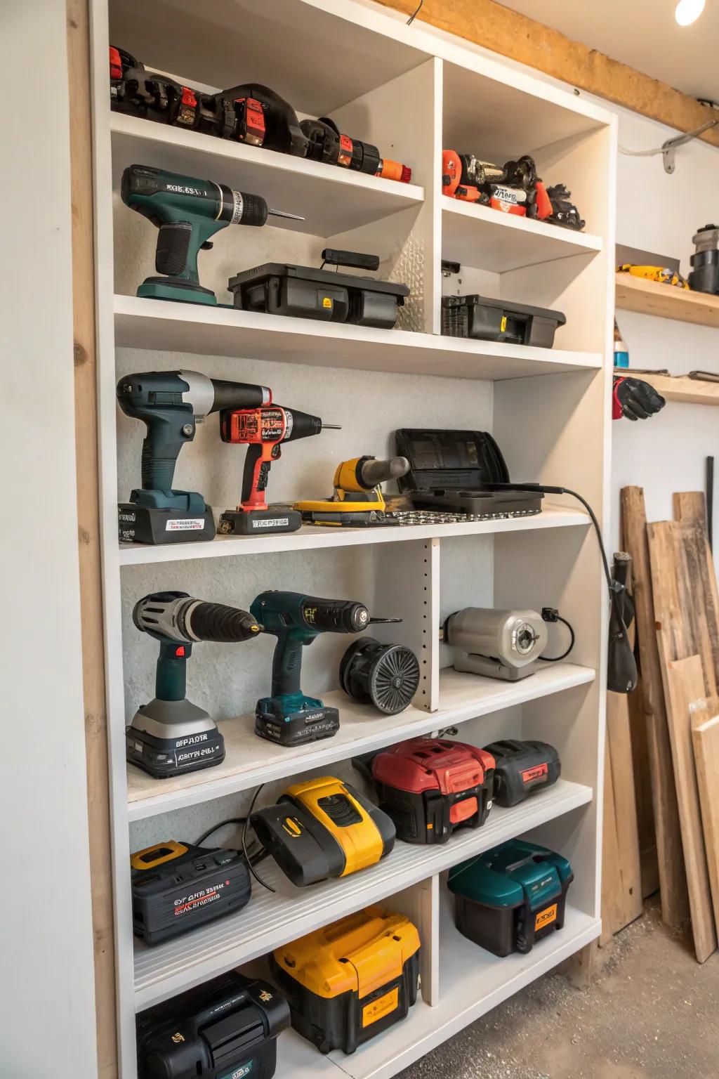 Adaptable multi-tier shelf arrangement for flexible tool storage.