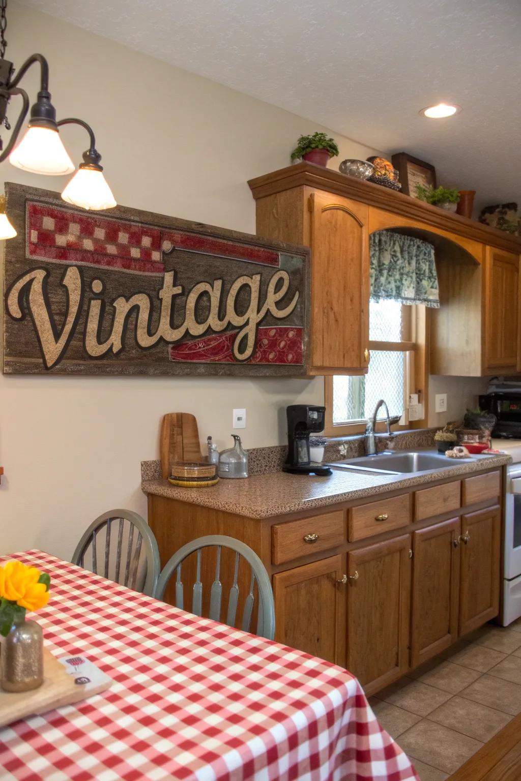 Vintage signage offers relaxed charm to areas.