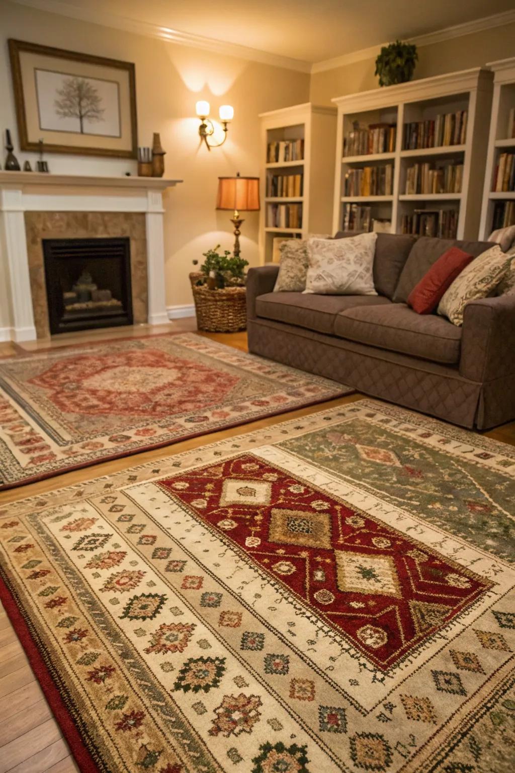 Layered floor coverings add warmth and define area in this comfortable living space.