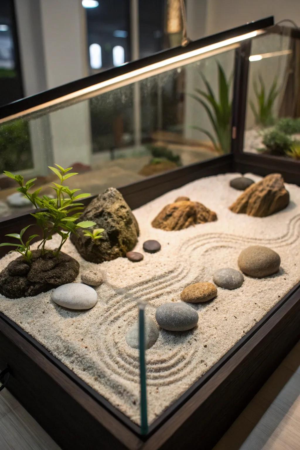 A zen garden aquarium promotes tranquility and peace.