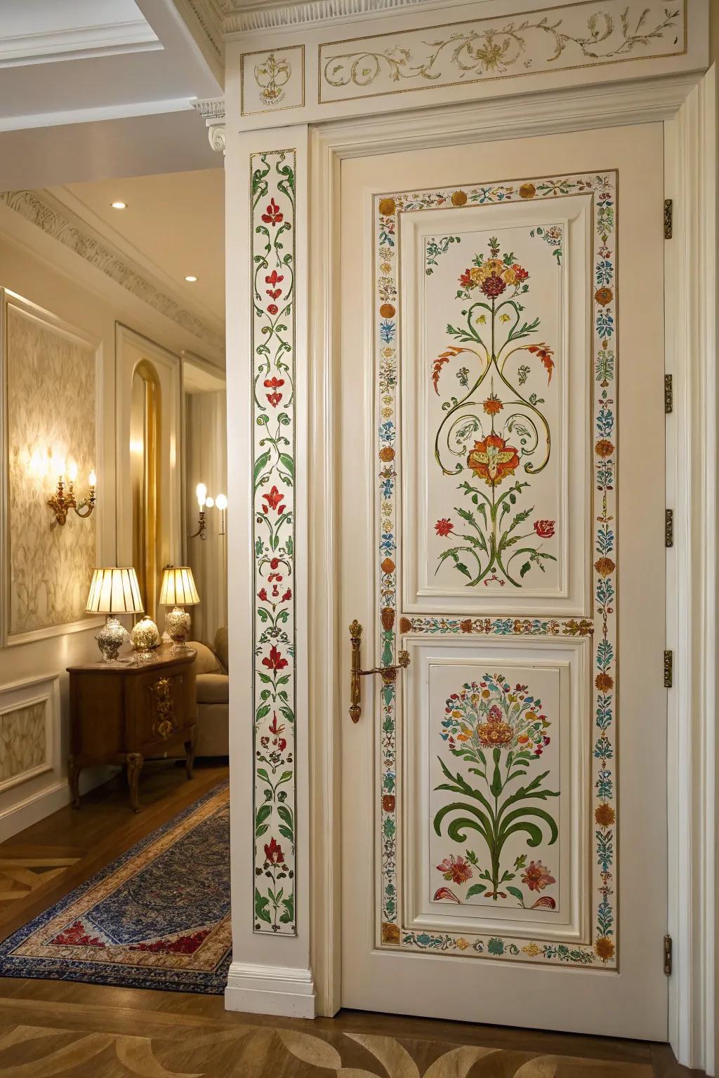 An entrance decorated through etched visuals, bestowing a customized artistic highlight.