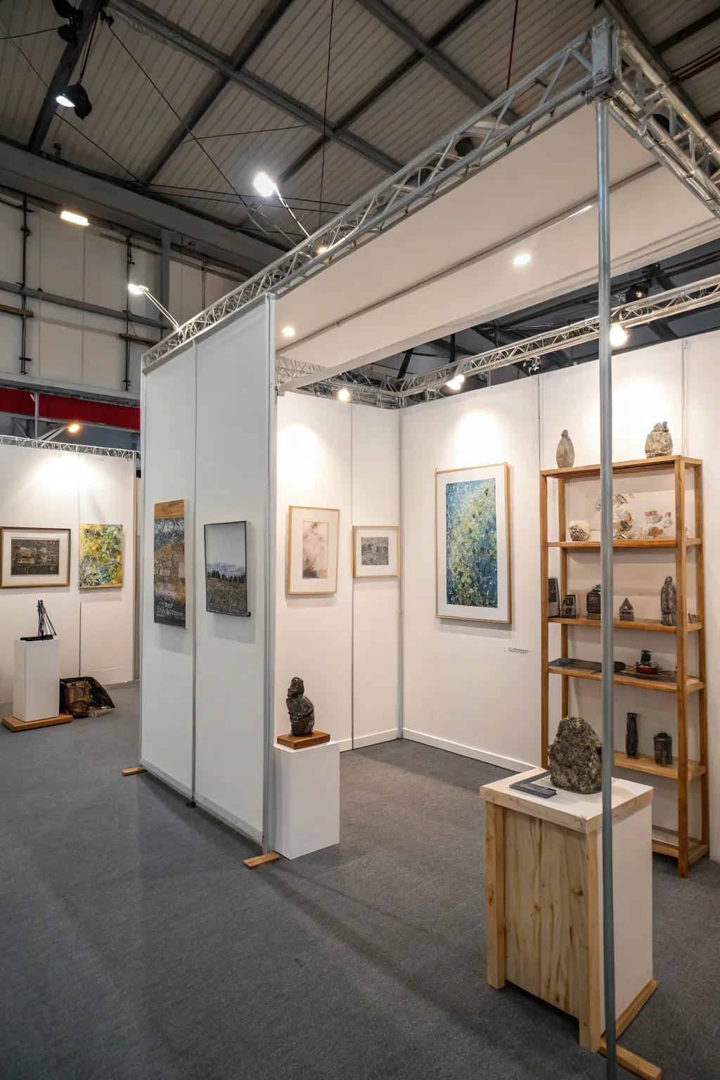 A minimalist art stand emphasizing particular pieces.