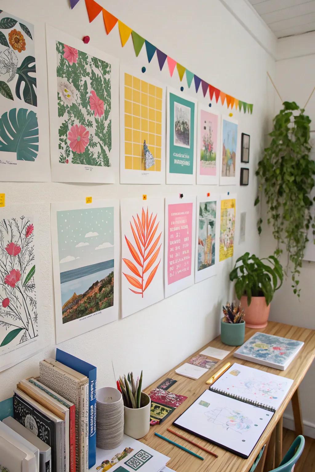 Art prints displayed with vibrant decorative tape for a playful effect.