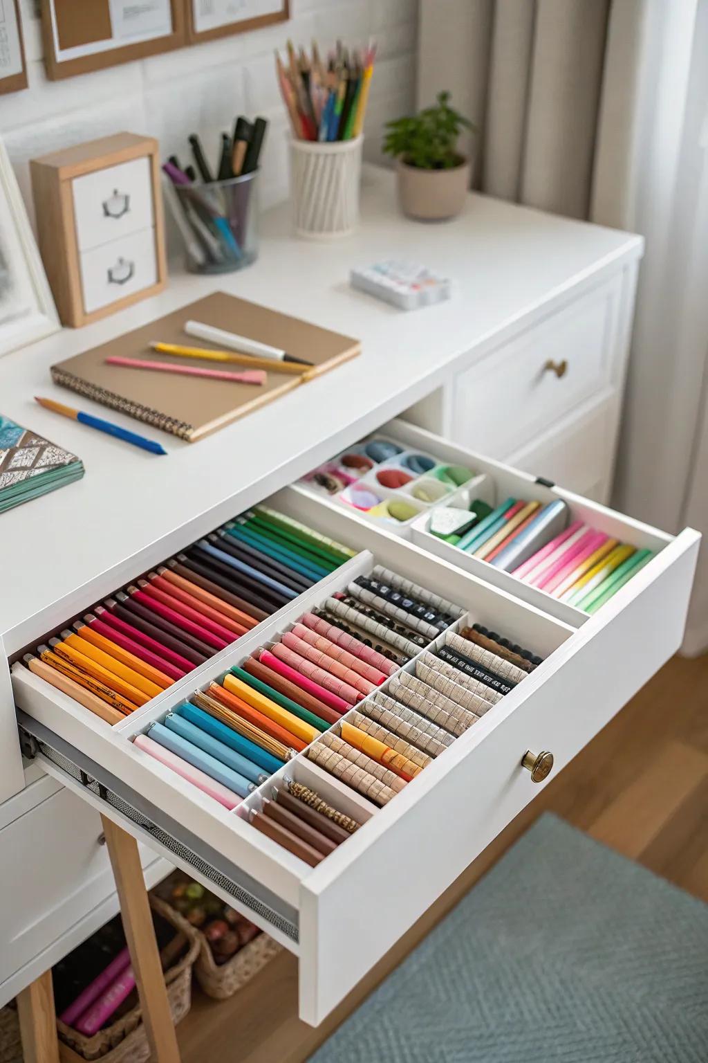 Drawers underneath tables provide concealed storage for your artistic tools.