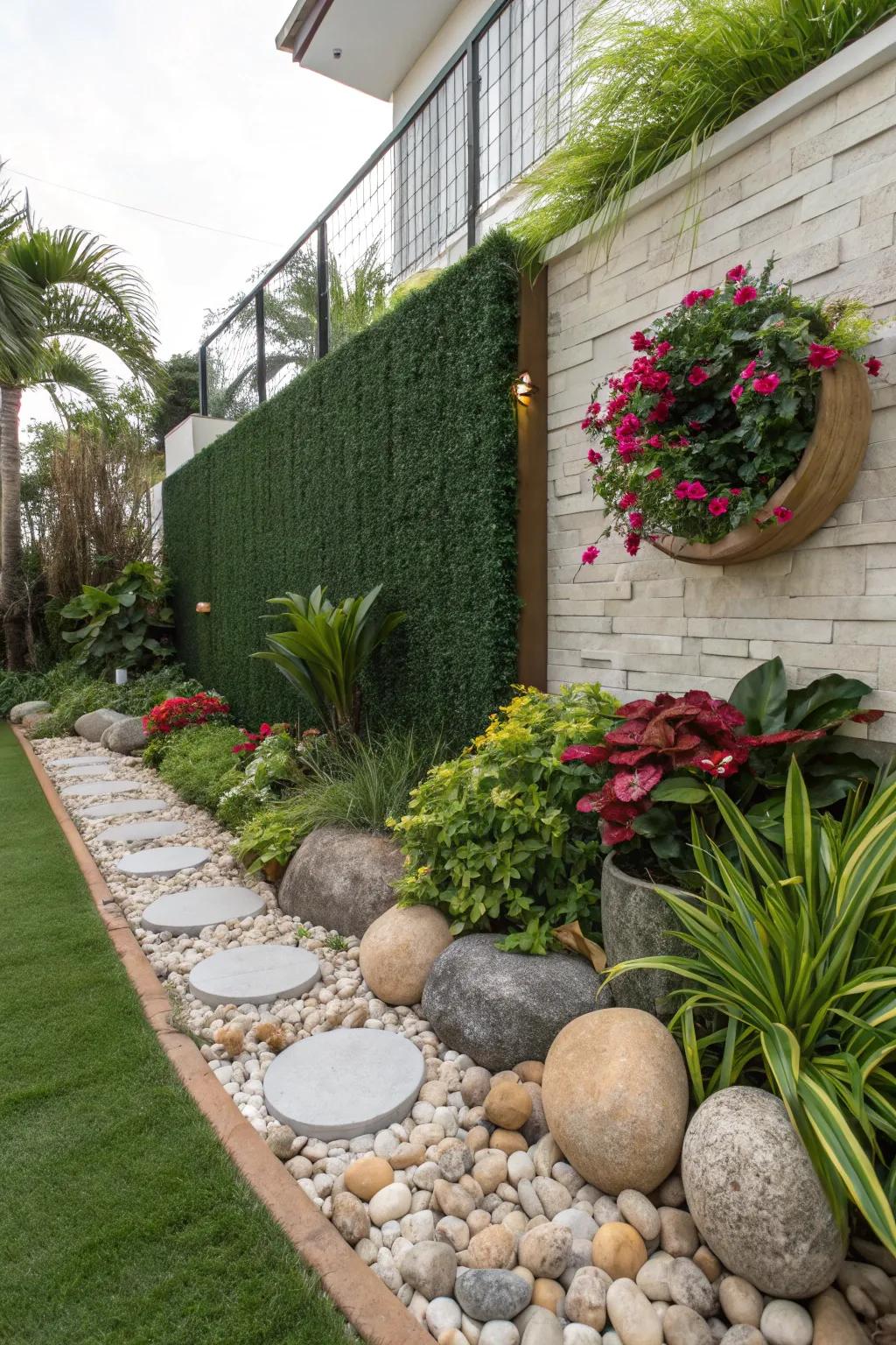 A garden enhanced with a simulated verdant wall seamlessly assimilated with actual flora.