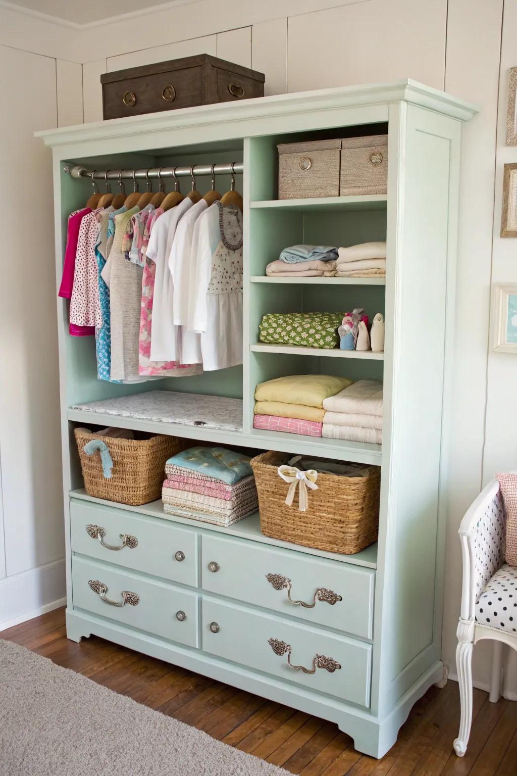 Repurposed furnishings append distinctiveness and efficacy to nursery storage.