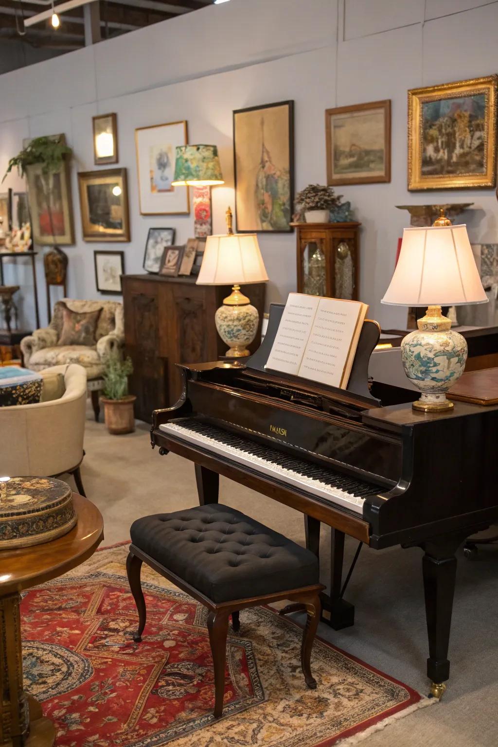 An eclectic combination lends a unique charm to the piano area.