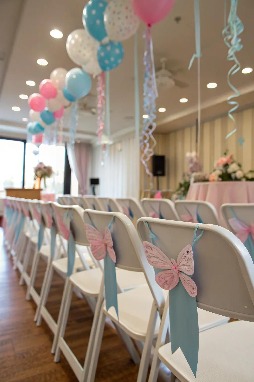 Chairs undergo a transformation through the application of captivating butterfly accents.