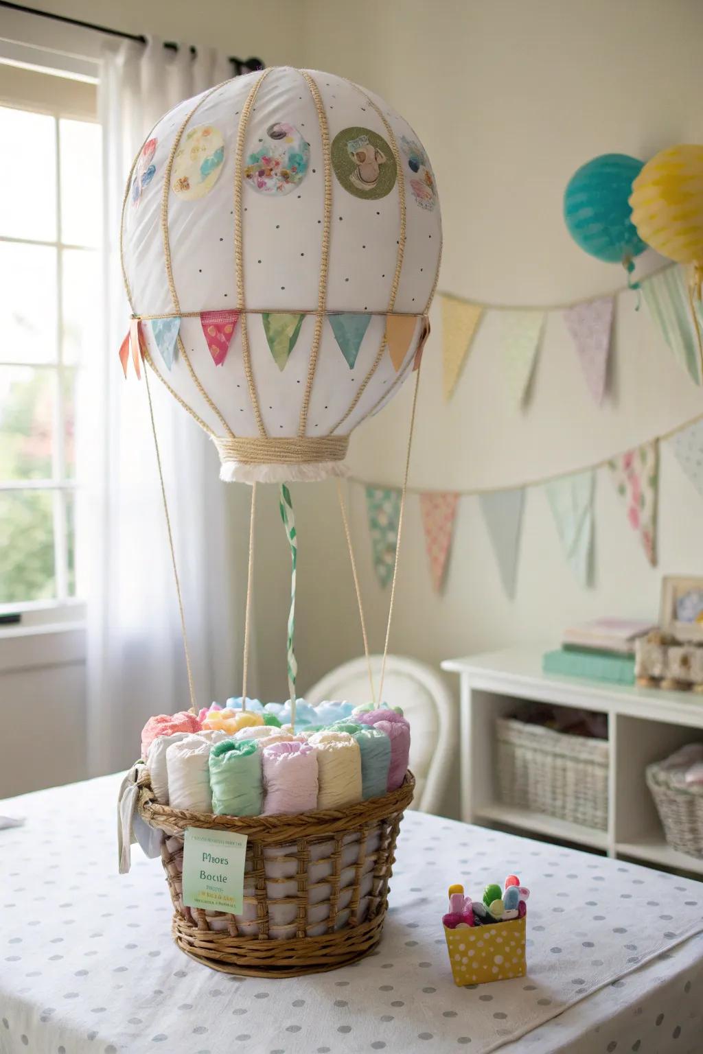A show-stopping diaper hot air balloon sure to impress.