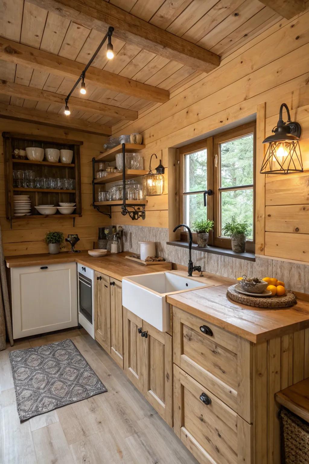 A cooking area featuring a wood-encased design that adds a country charm and warmth.