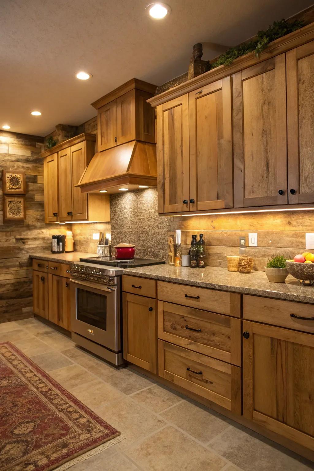 A rustic wood backsplash infuses comfortable allure into maple cabinets.