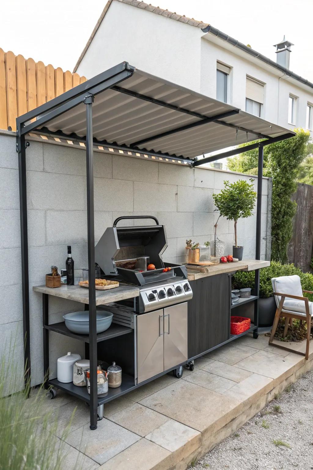 A compact shade delivers focused protection for grilling in small spaces.