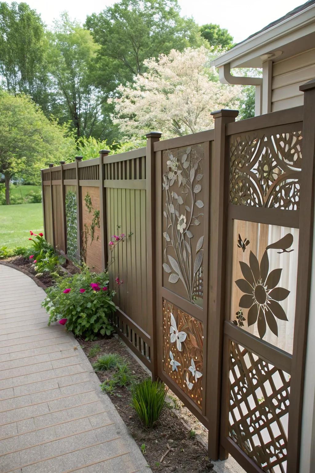 Ornamental inserts impart whimsy and artistic flair to the fence.