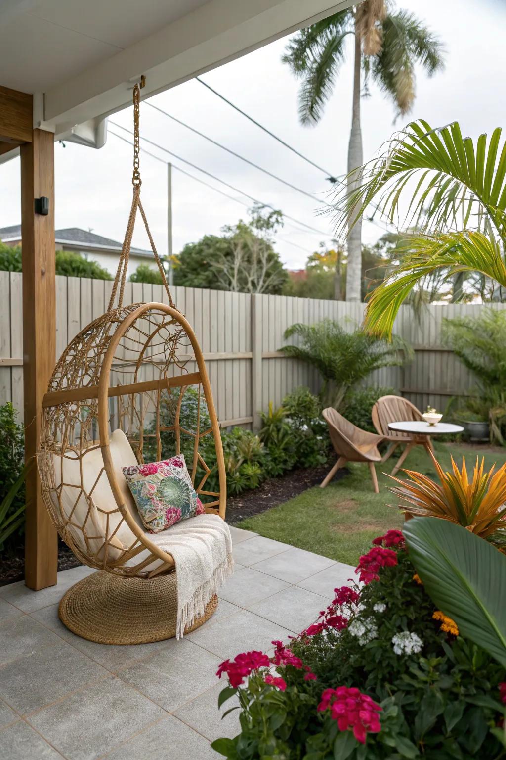 An oscillating chair proffering a spirited dimension to a patio.