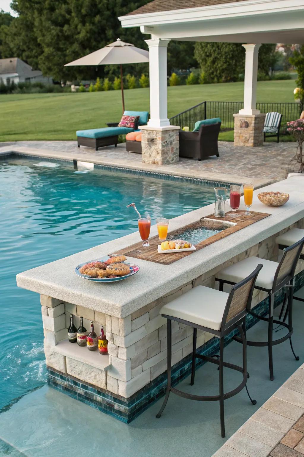 Add fun and function with a poolside swim-up serving counter.