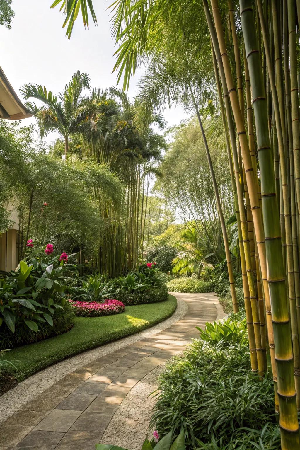 A garden turned tropical oasis with lush bamboo.