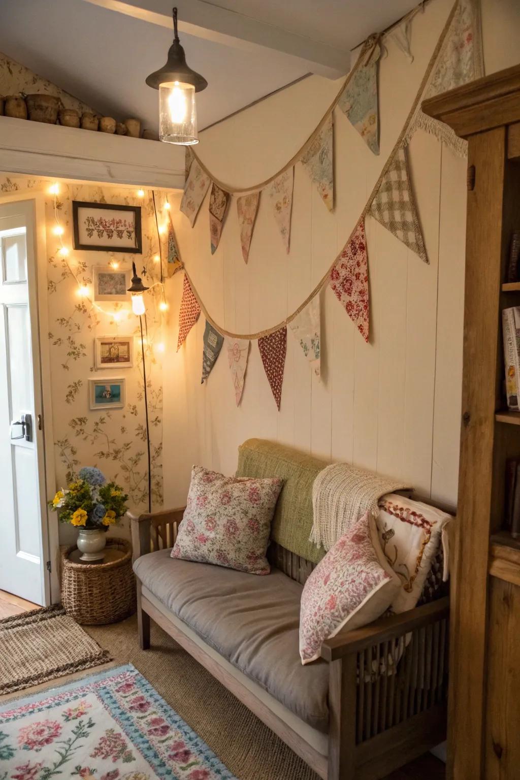 Vintage fabric banners radiate rustic appeal and coziness.