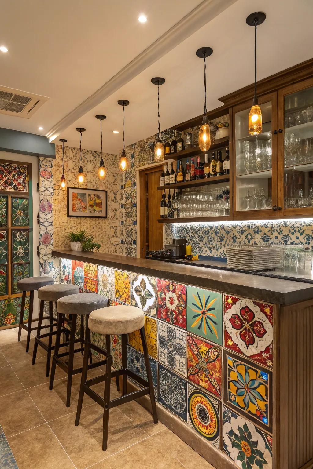 A vibrant and customized touch is added by eclectic mosaic tiles.