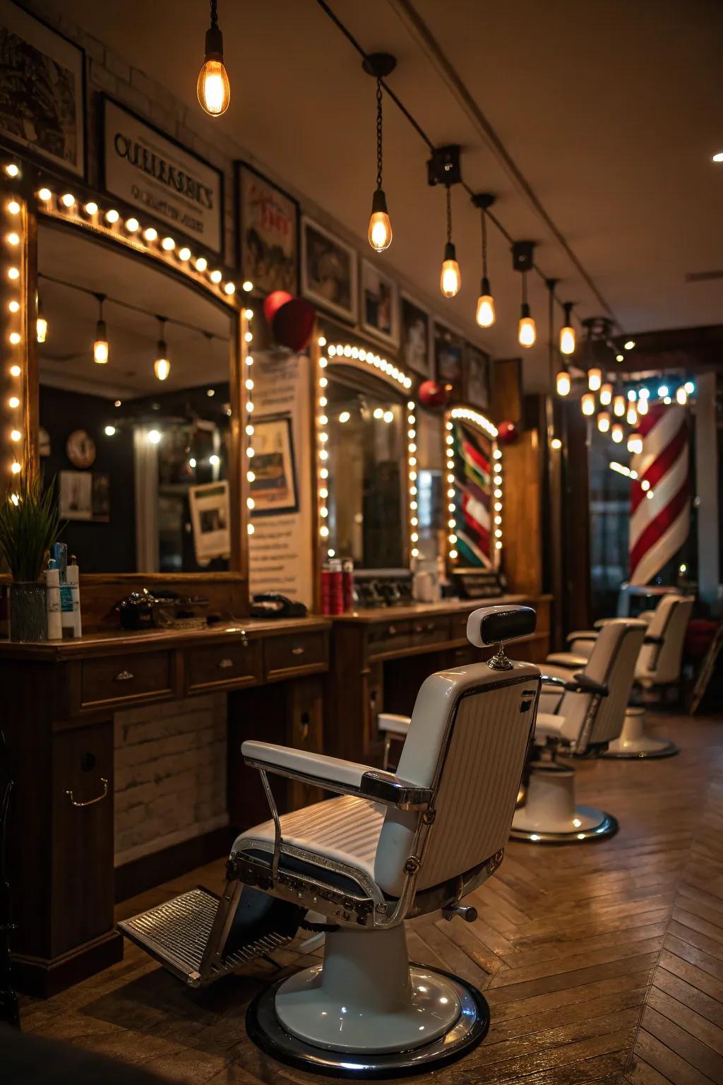 Concealed lighting creating a mysterious and inviting atmosphere in a barbershop.