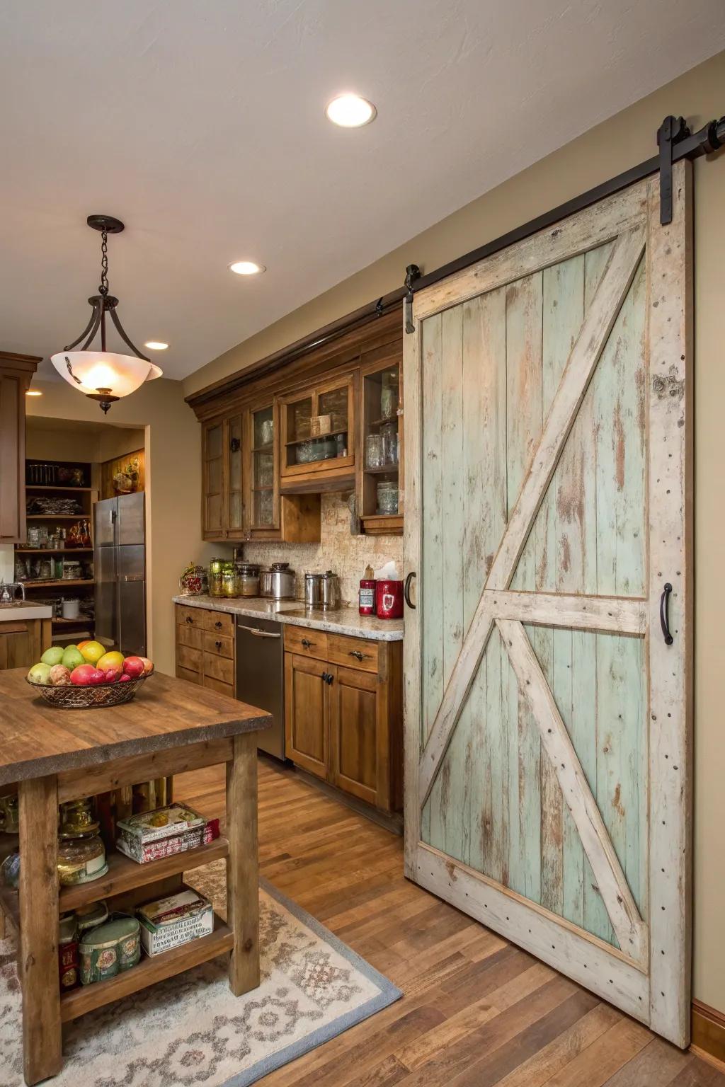 A culinary space showcasing a sliding barn aperture, delineating the pantry, and featuring distressed pigment.