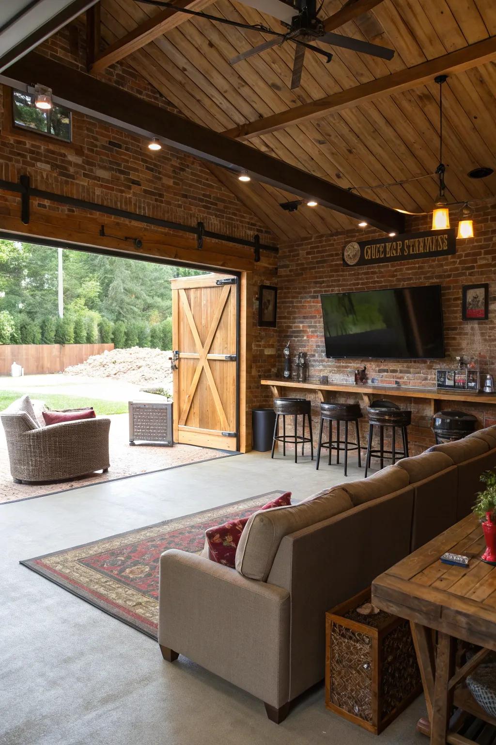 The barn garage offers entertainment and relaxation in its bar and entertainment area.