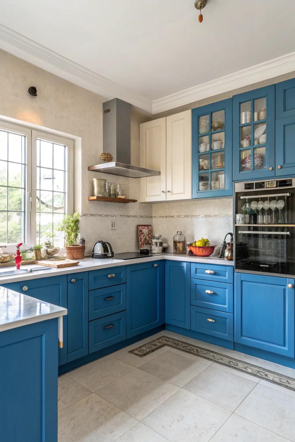 Vividly colored cabinets create a lively impression.