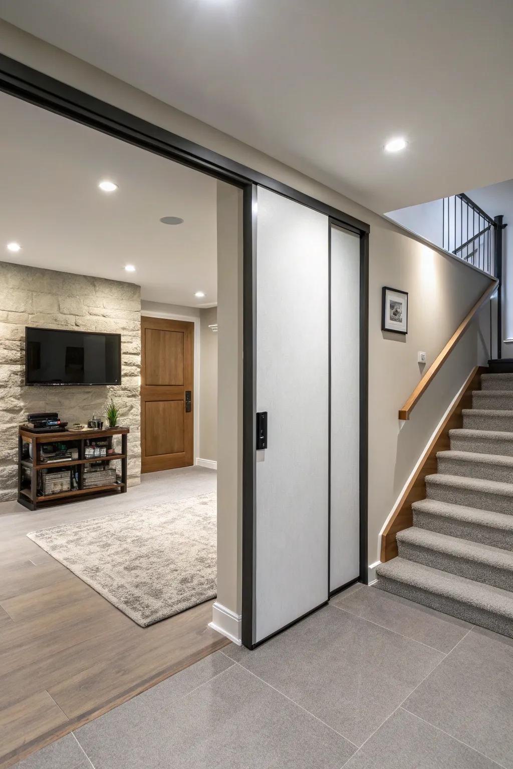 A sliding pocket door maximizes space and keeps a sleek design in the basement.