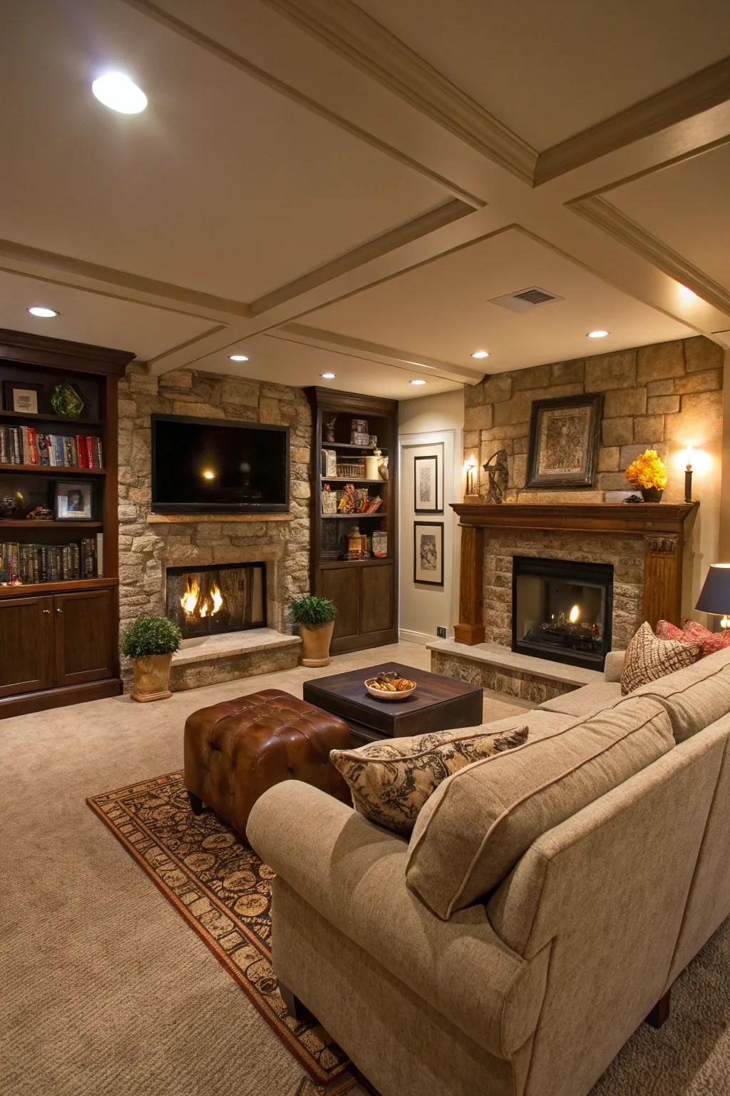 A hearth lends warmth and acts as an exquisite focal point within this basement.