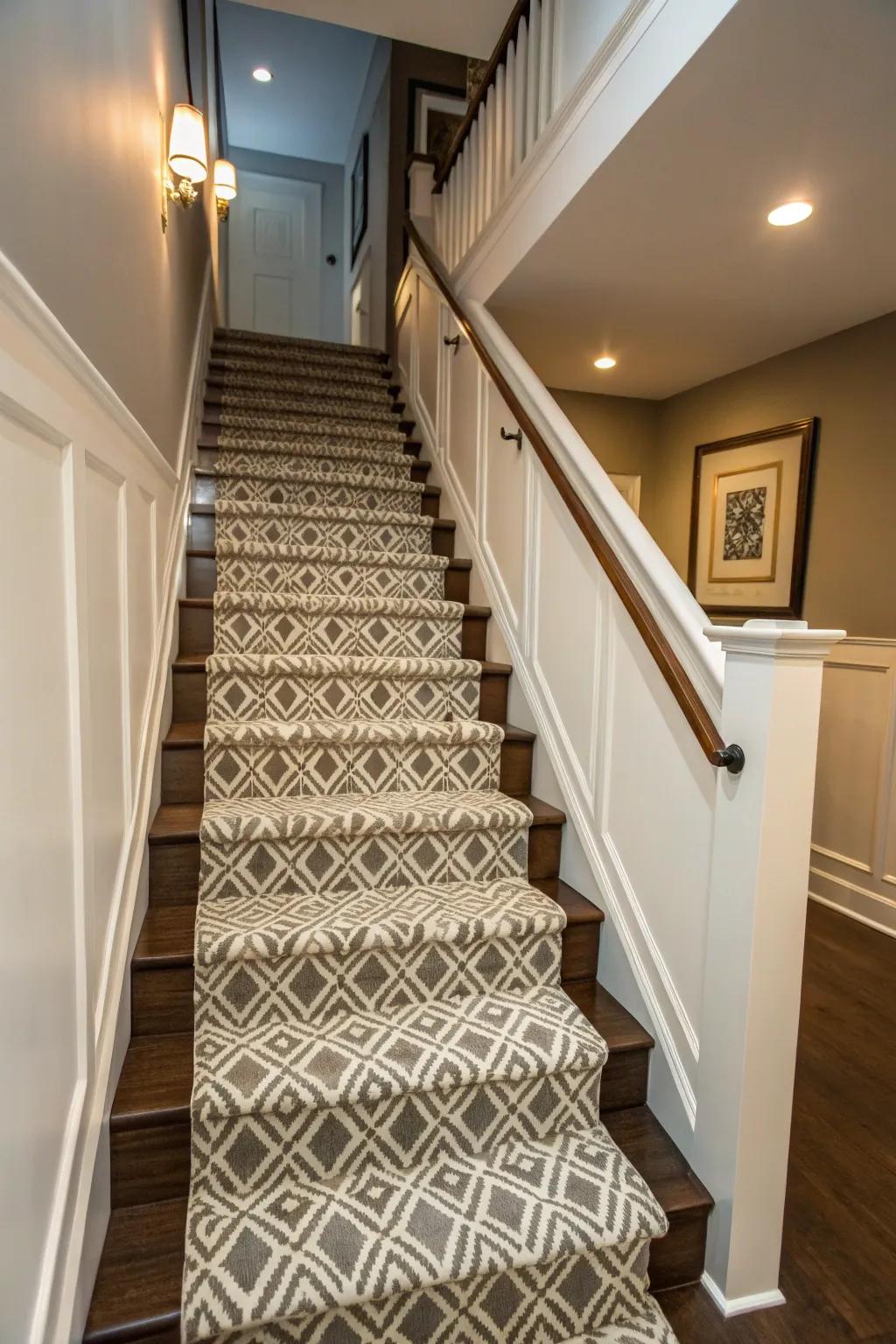 A patterned stair strip contributes flair and safeguarding.