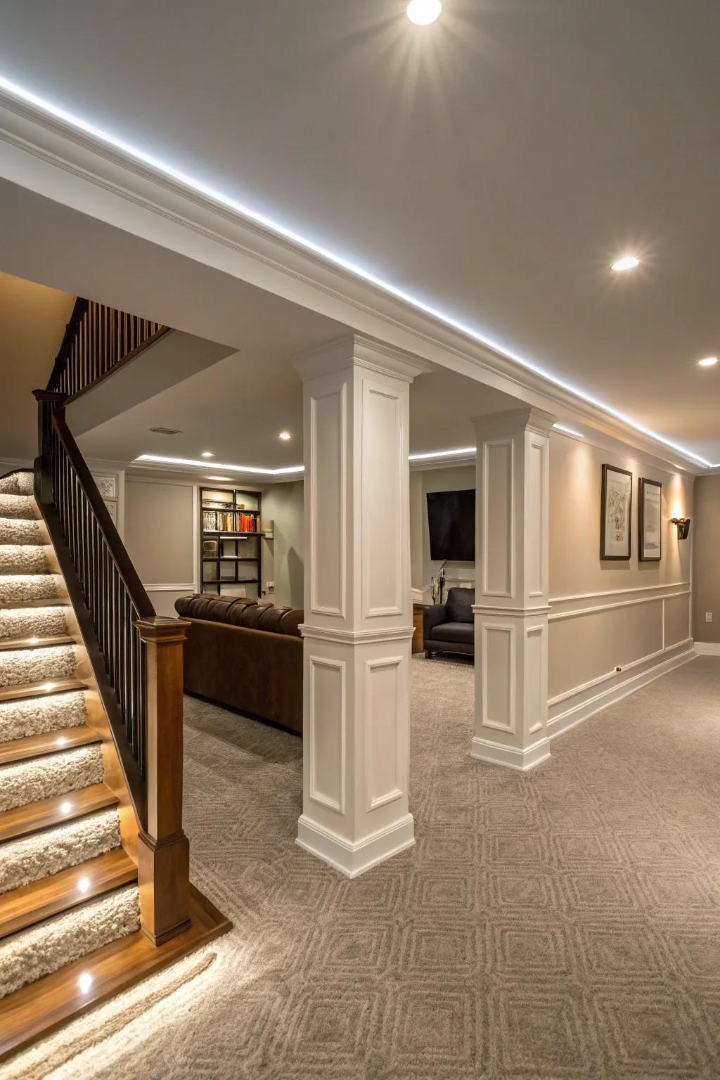 LED lighting adds a modern, functional touch.