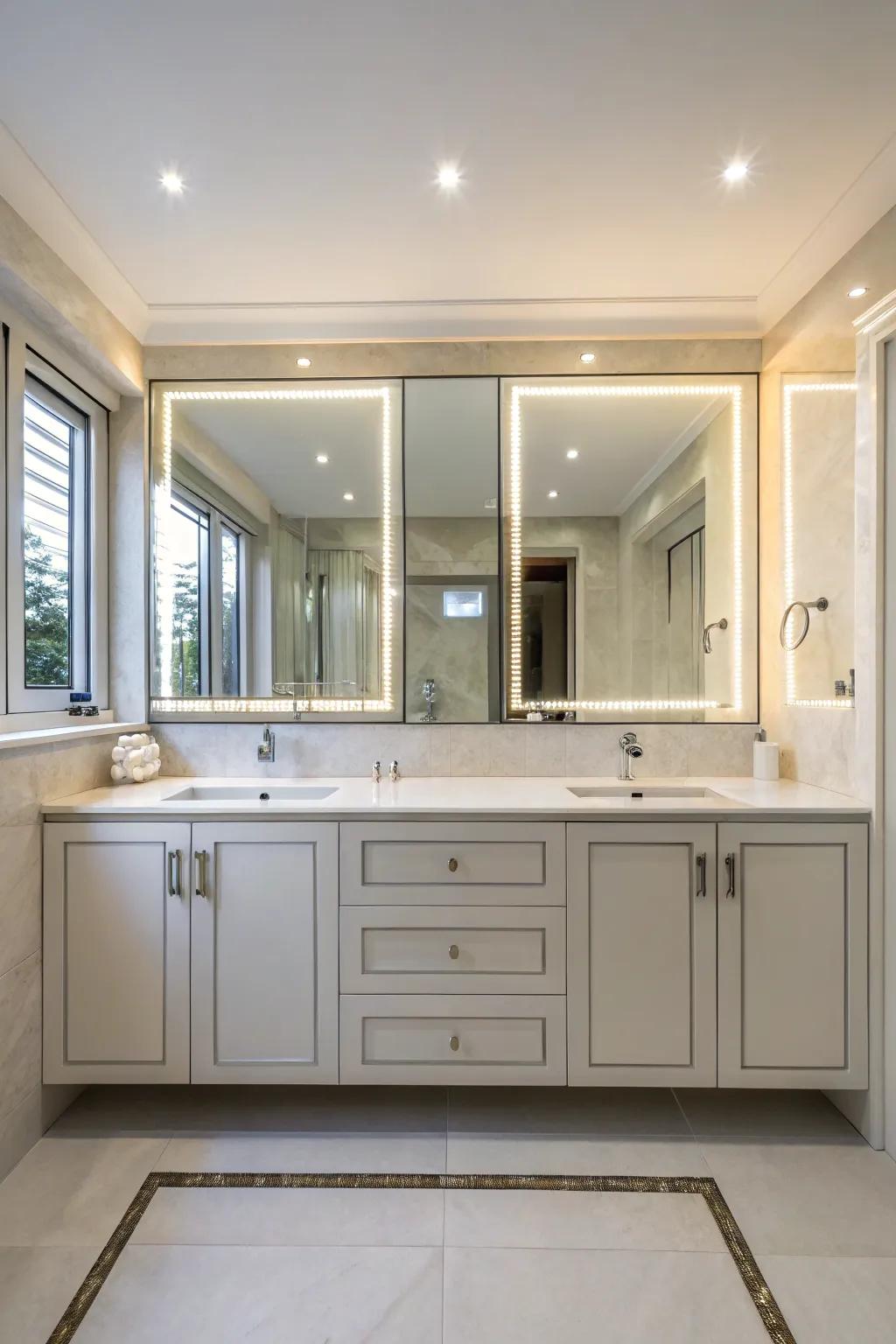 Mirrored cabinets enhance light and create a spacious feel.