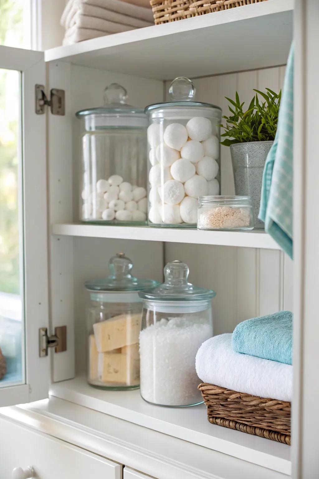 Glass jars offer elegant storage for small essentials.
