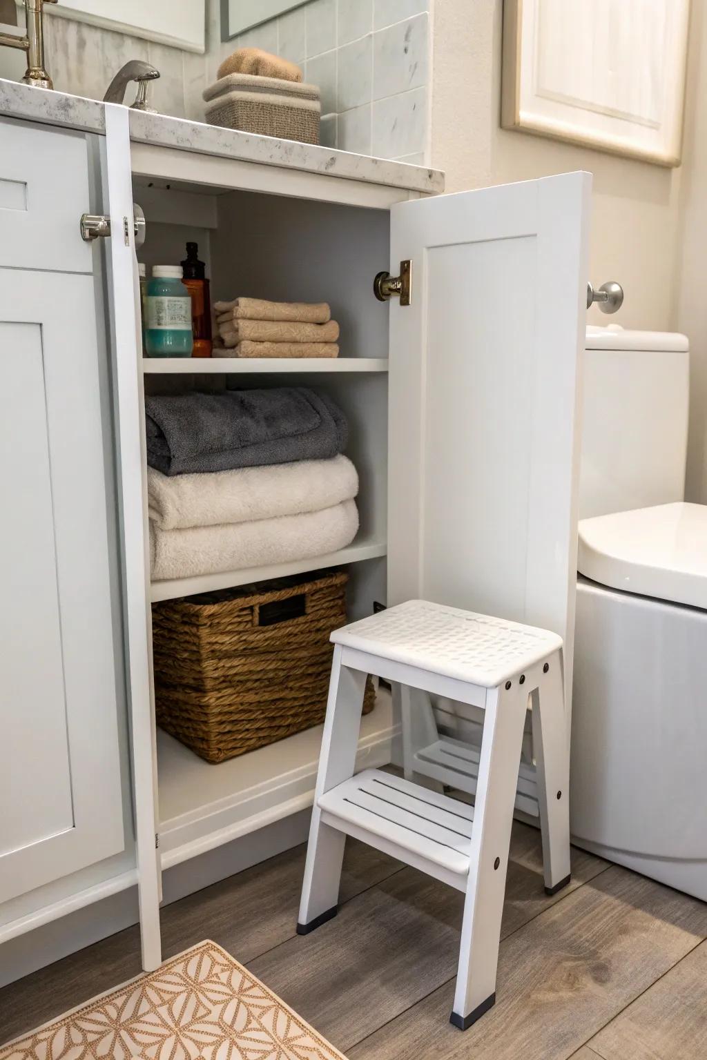 A step stool facilitates access to elevated shelves.