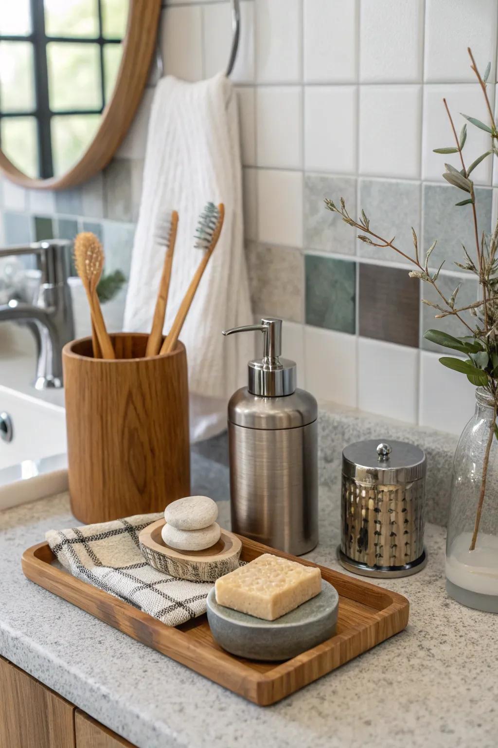 Create an assorted restroom counter with a mix of materials.