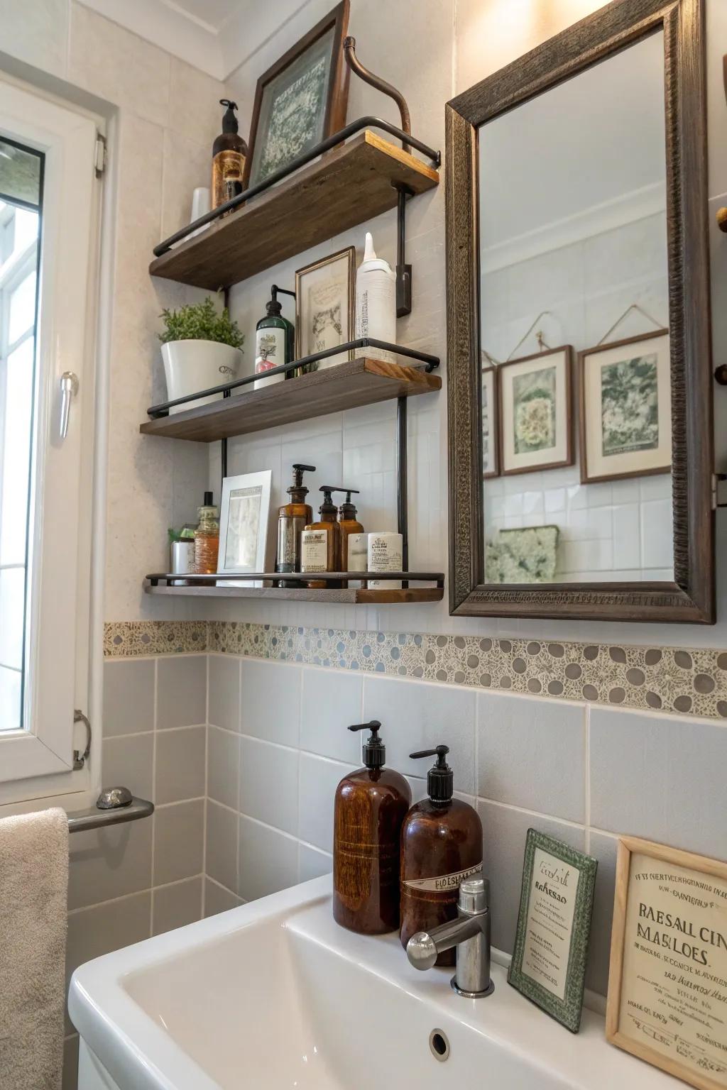 Vintage touches lend timeless appeal to contemporary shelving.