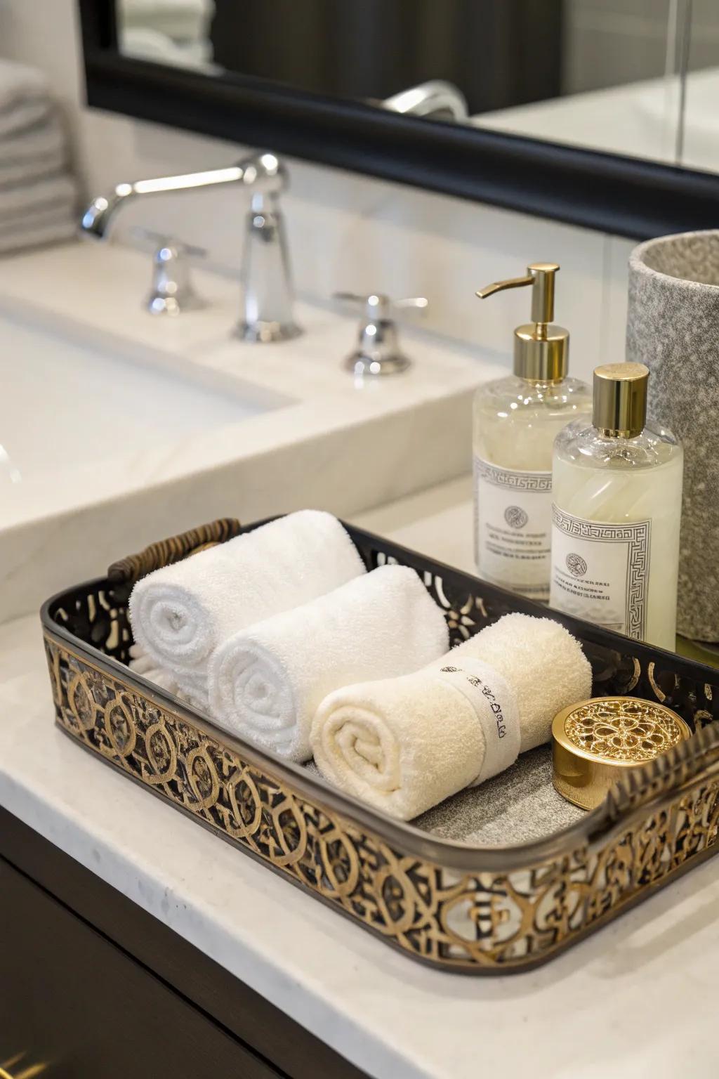 Coiled towels in a tray offer a neat and refined presentation.