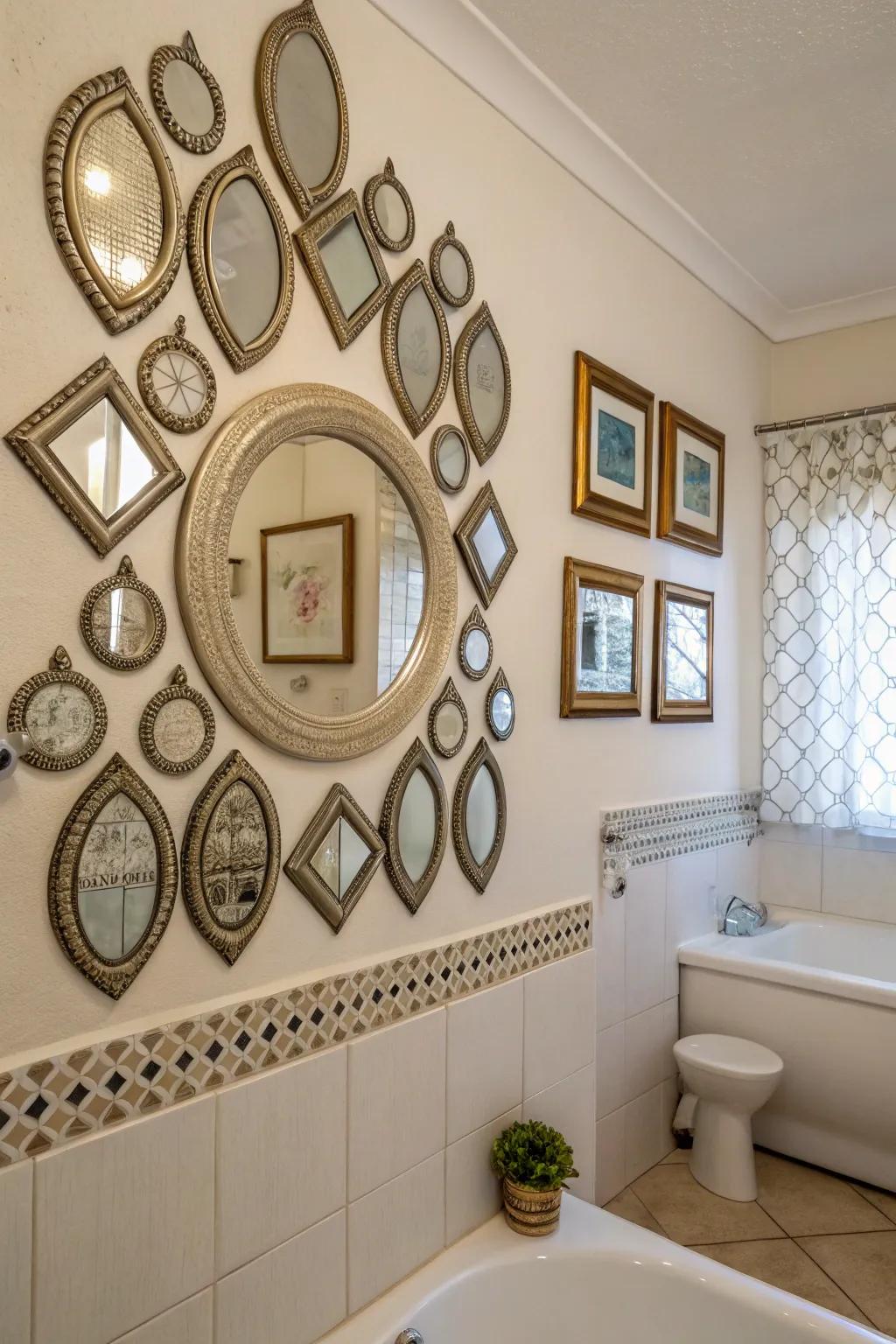 Mirror gallery walls give bathroom décor a quirky touch.