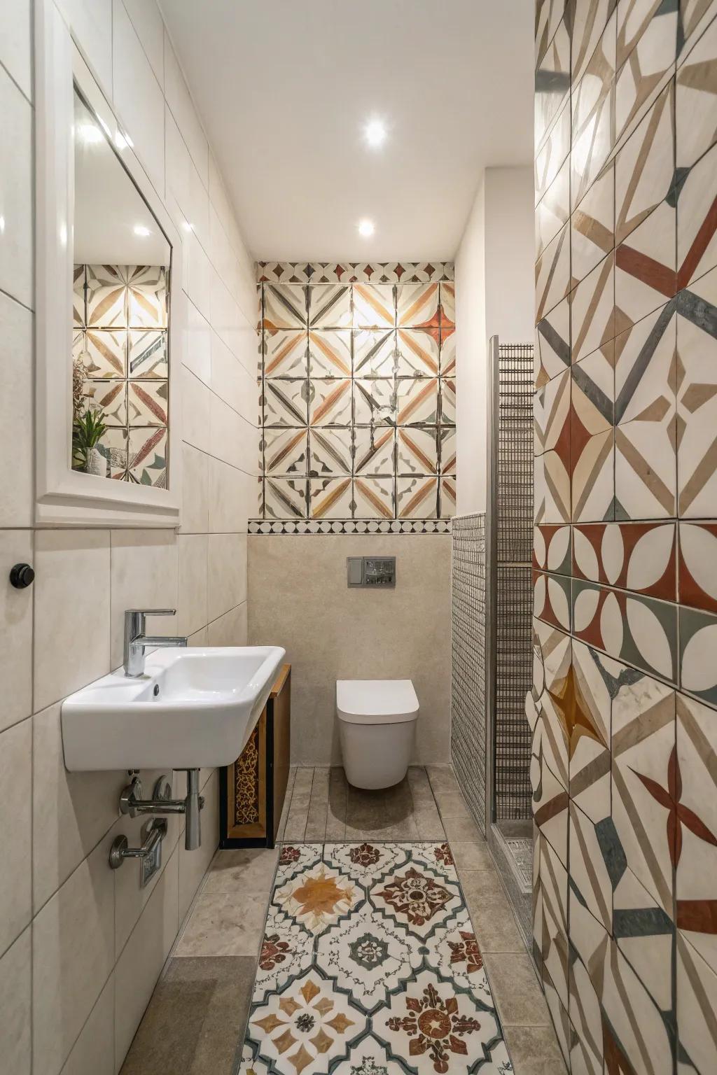 Geometrical motifs contribute a modern flair to restroom blueprints.