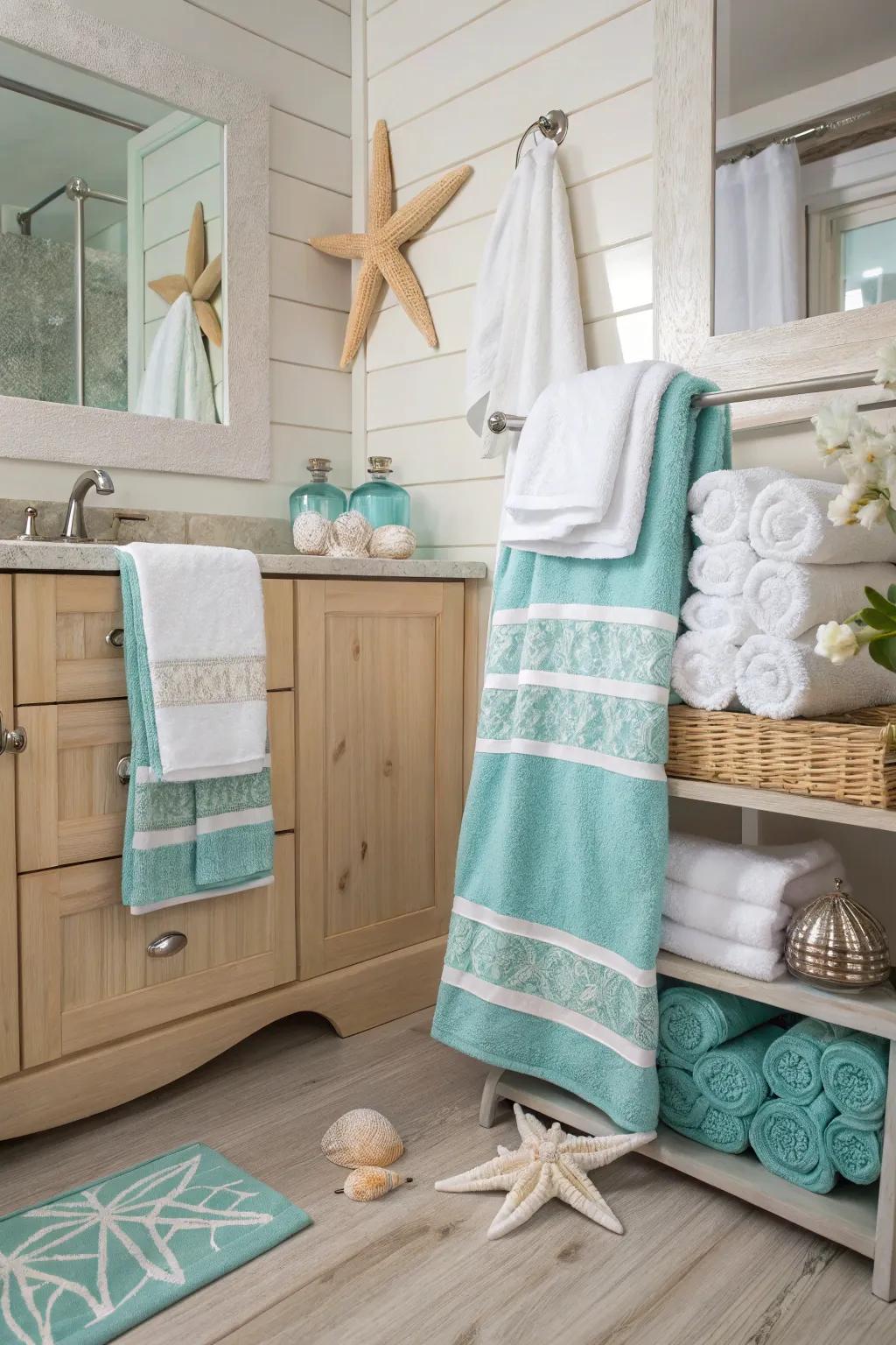 Aqua and alabaster weaves create a tranquil, coastal sensation.