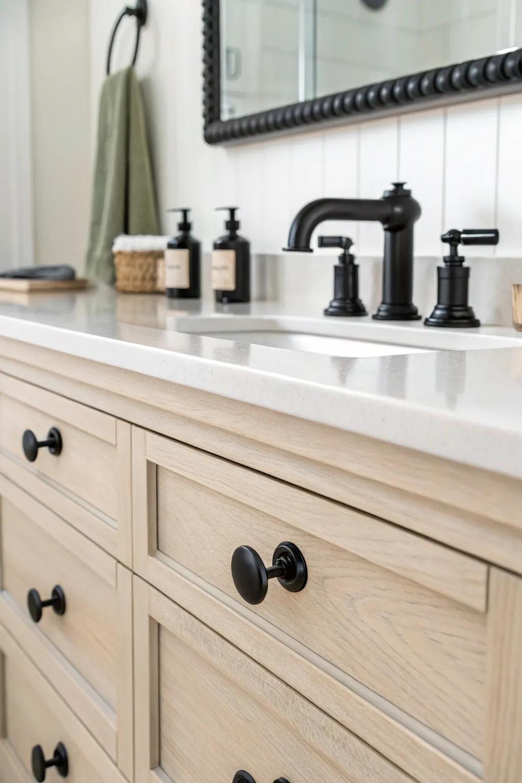 All black hardware presents a striking, modern contrast.